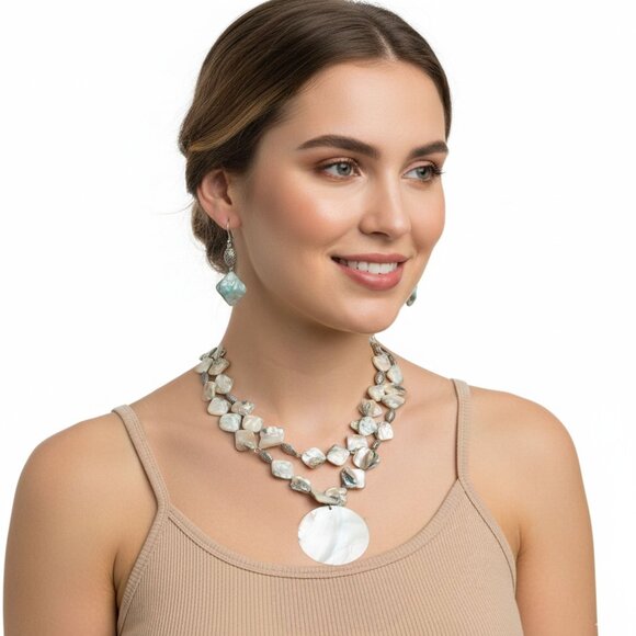 Vintage Iridescent Pearl Mother of Pearl Shell Necklace & Earring Set Coastal - Picture 1 of 12